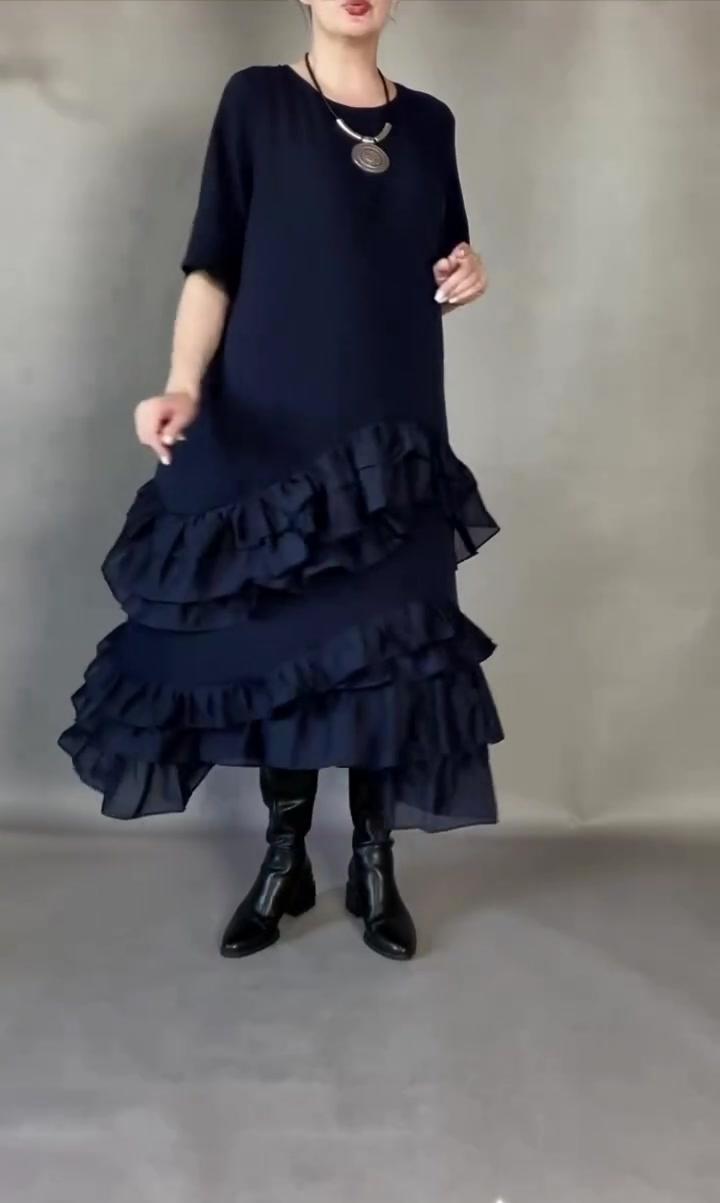 Women’s Linen Round-Neck Tiered Short-Sleeve Maxi Dress