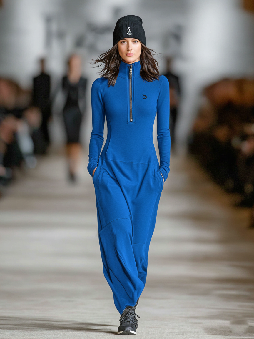 Women's Knit Mock Neck Zip Front Long Sleeve Maxi Dress