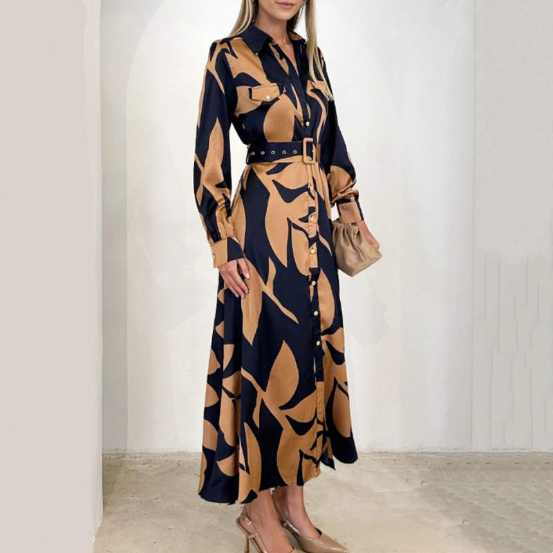 Women’s Printed Linen Button-Front Maxi Shirt Dress