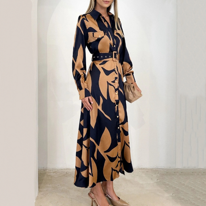 Women’s Printed Linen Button-Front Maxi Shirt Dress