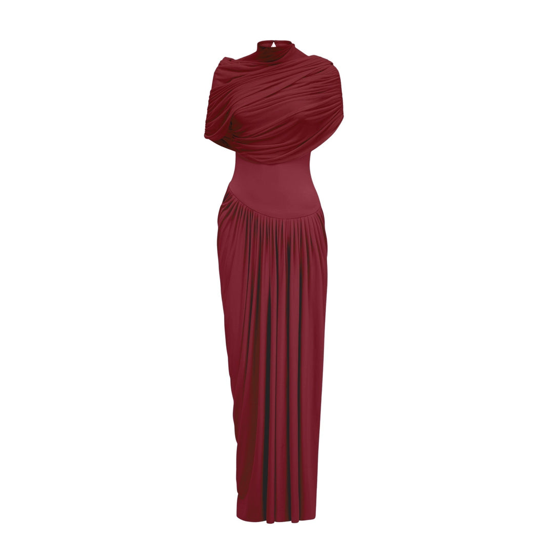 Women’s Satin Draped Mock-Neck Asymmetric Ruched Maxi Dress