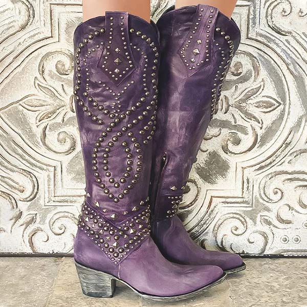 Cheri | Edgy High Boots – Distressed Faux Leather – Rivet Detail – Thick Heel – Side Zipper