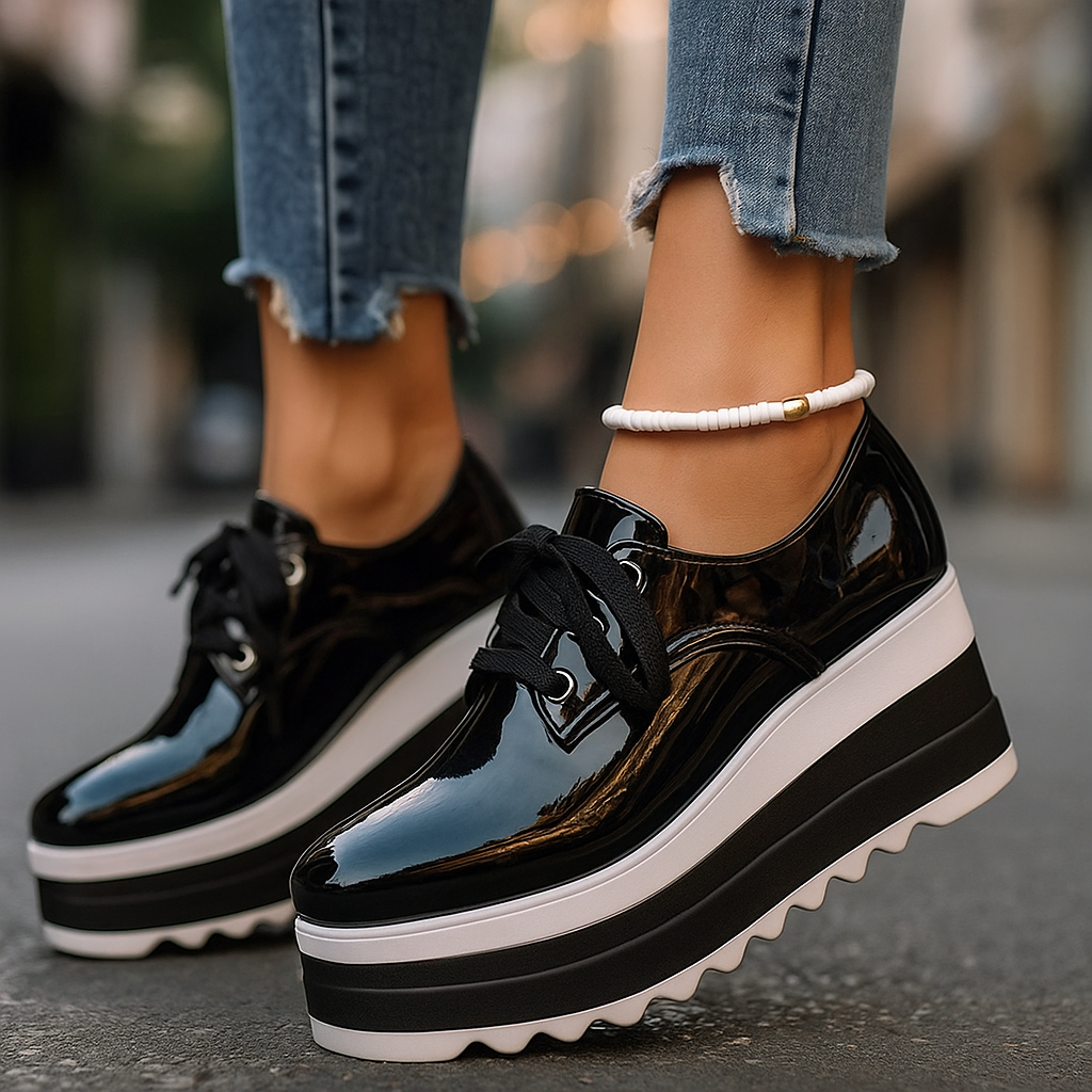 Women's Leather Platform Wedge Oxfords Shoes
