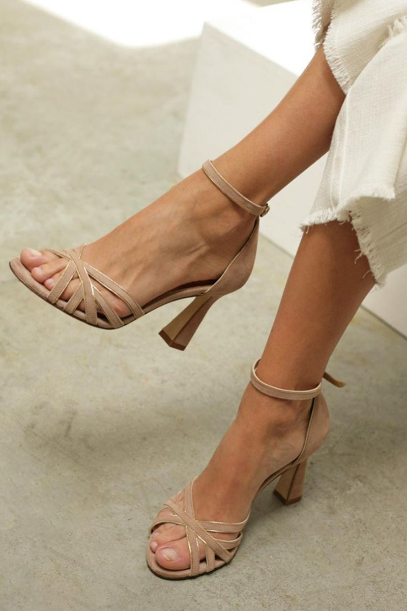 Women's Leather Peep Toe Block Heel Sandals