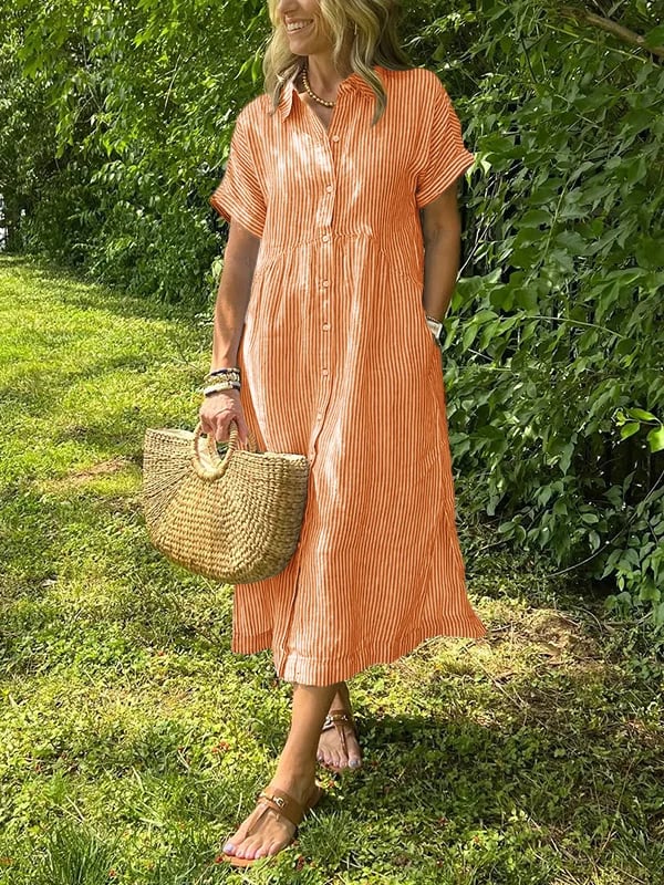 Linen Maxi Dress Women's Short Sleeve V-Neck Loose Fit Casual Shirt Dress