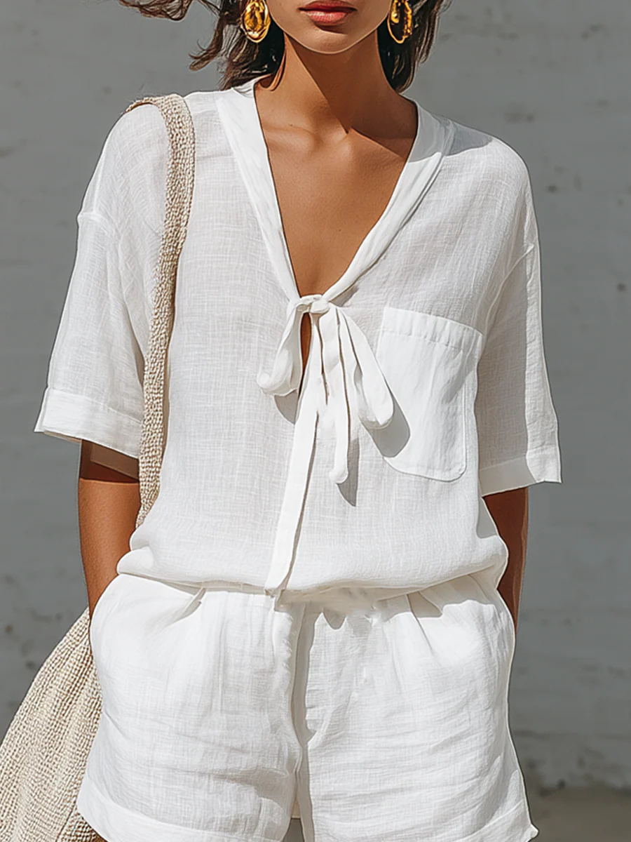 Women's Linen Short-Sleeve Matching Loungewear Set