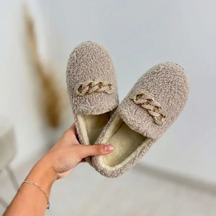 Women's Fleece Chain Loafer Slippers Flat House Shoes