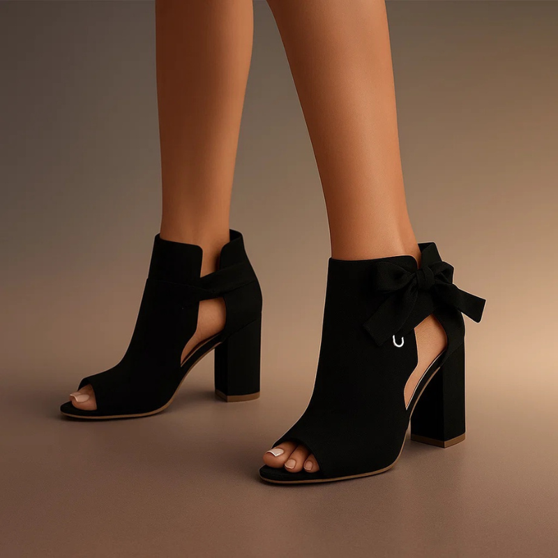 Women Suede Peep Toe Chunky Heel Bow Sandals Ankle Boots