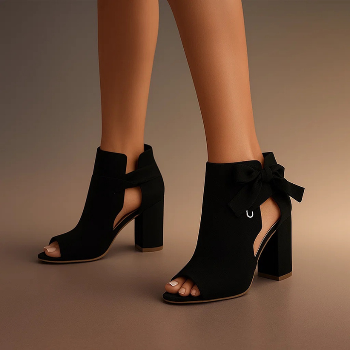 Women Suede Peep Toe Chunky Heel Bow Sandals Ankle Boots