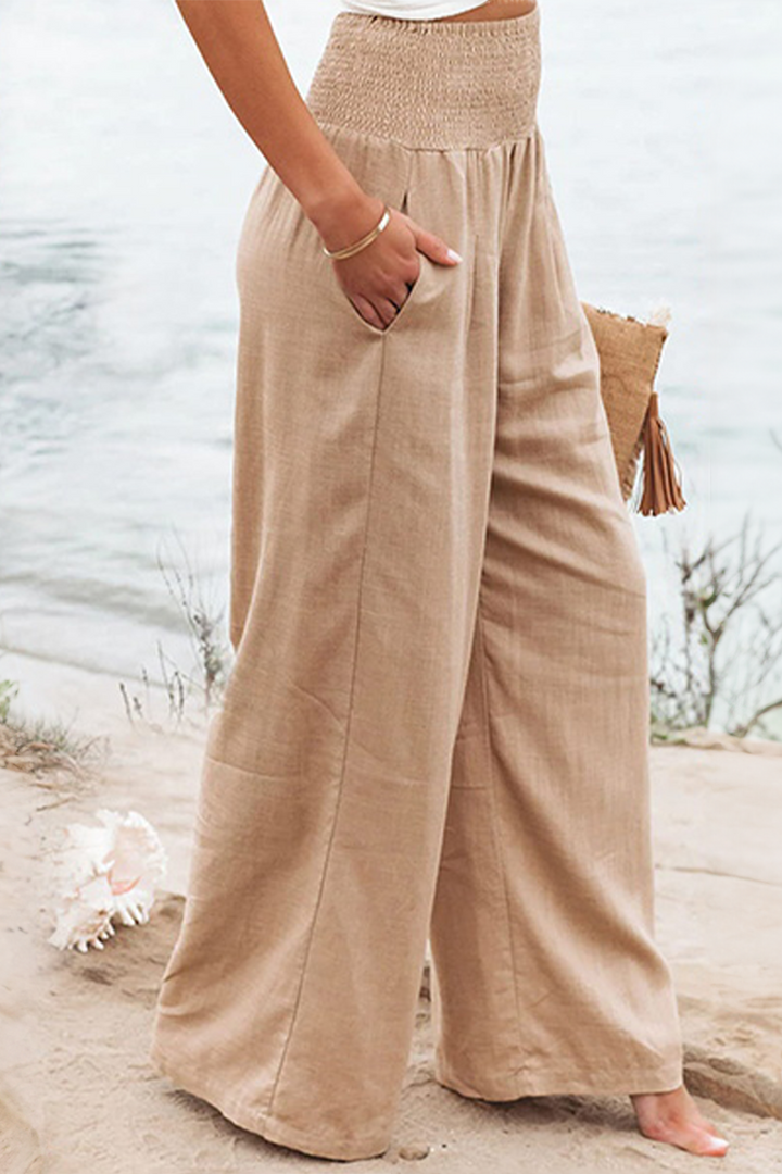 Pam | High-Waisted Smocked Waist Trousers - Lightweight & Flowing Fit