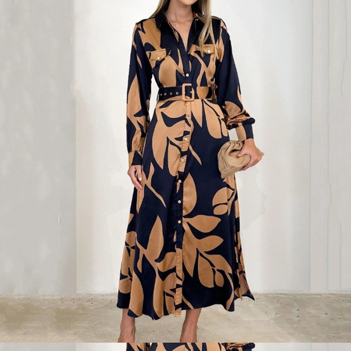Women’s Printed Linen Button-Front Maxi Shirt Dress