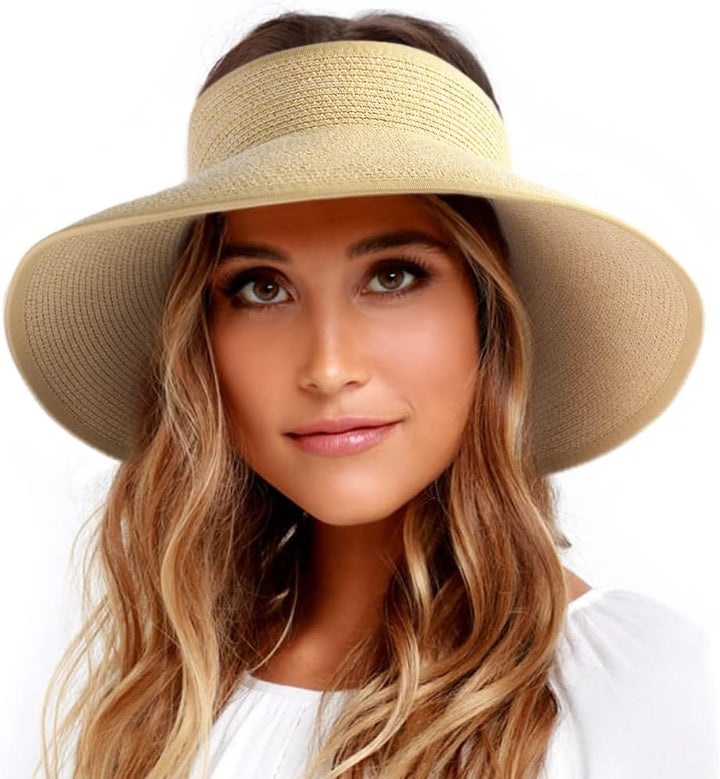 Women's Straw Sun Visor Wide Brim Foldable Roll Up Hat
