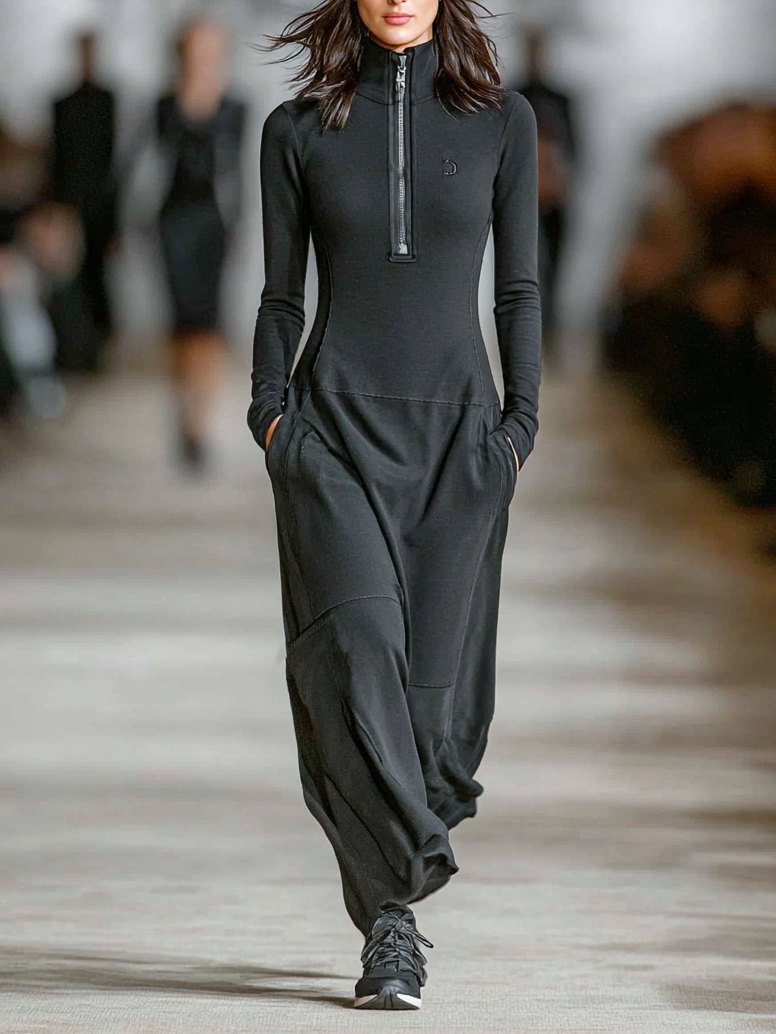 Women's Knit Mock Neck Zip Front Long Sleeve Maxi Dress