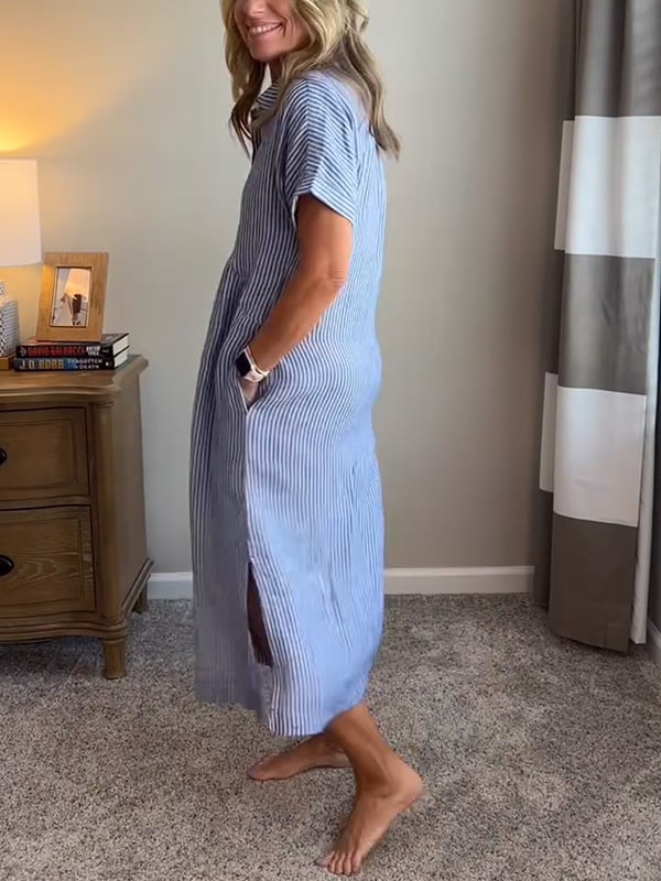 Linen Maxi Dress Women's Short Sleeve V-Neck Loose Fit Casual Shirt Dress
