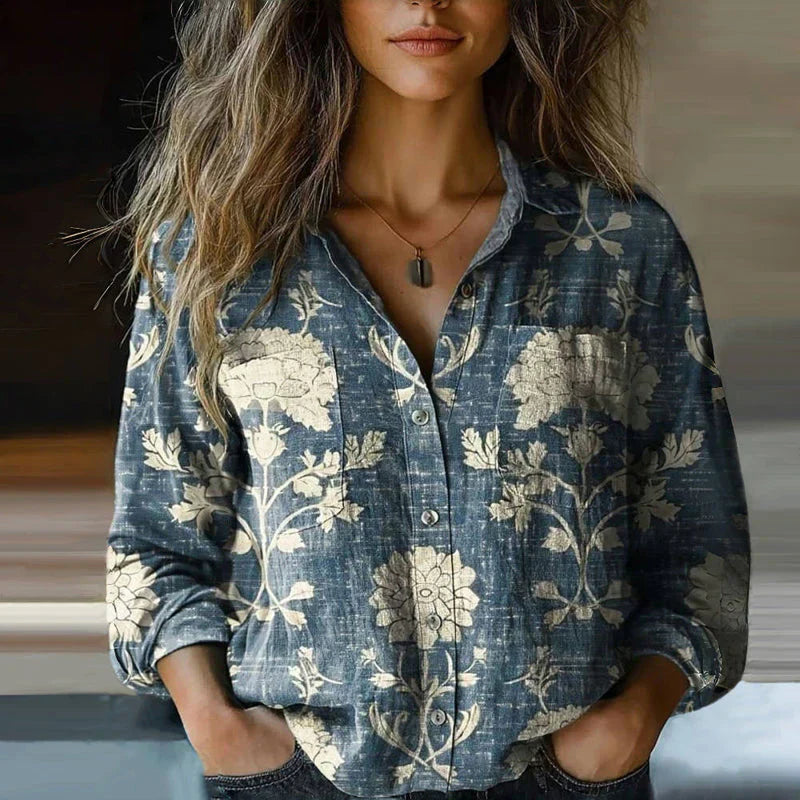 Women's Blouse Cotton Vintage Print Summer Long Sleeve Shirt
