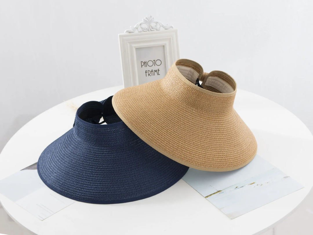 Women's Straw Sun Visor Wide Brim Foldable Roll Up Hat