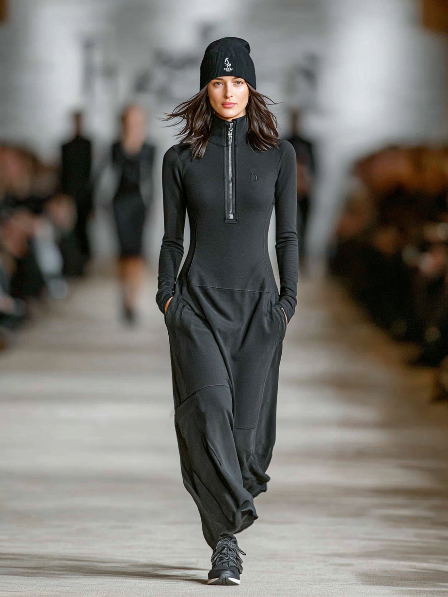 Women's Knit Mock Neck Zip Front Long Sleeve Maxi Dress
