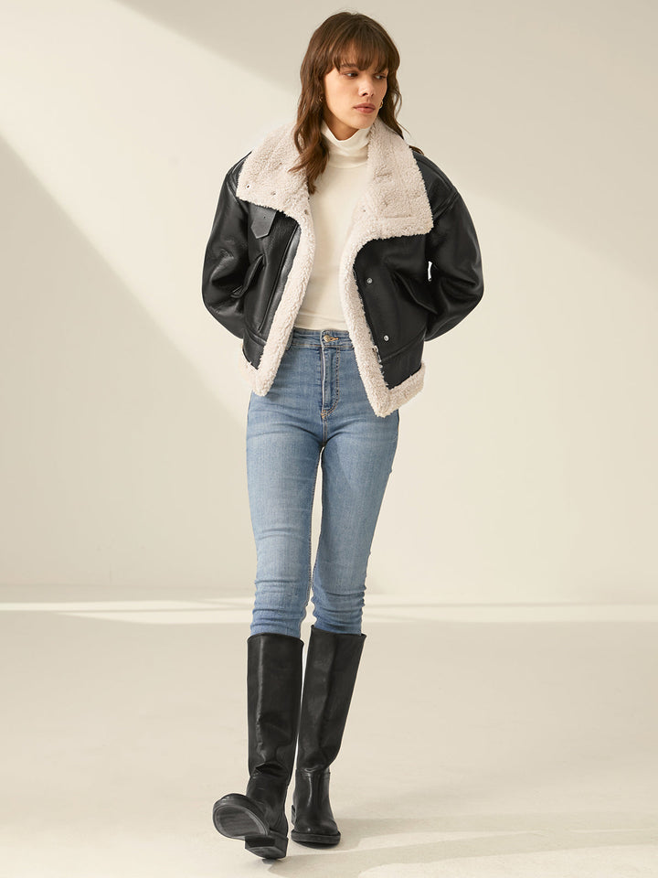 Women's Faux Leather Flight Winter Jacket with Sherpa Lining