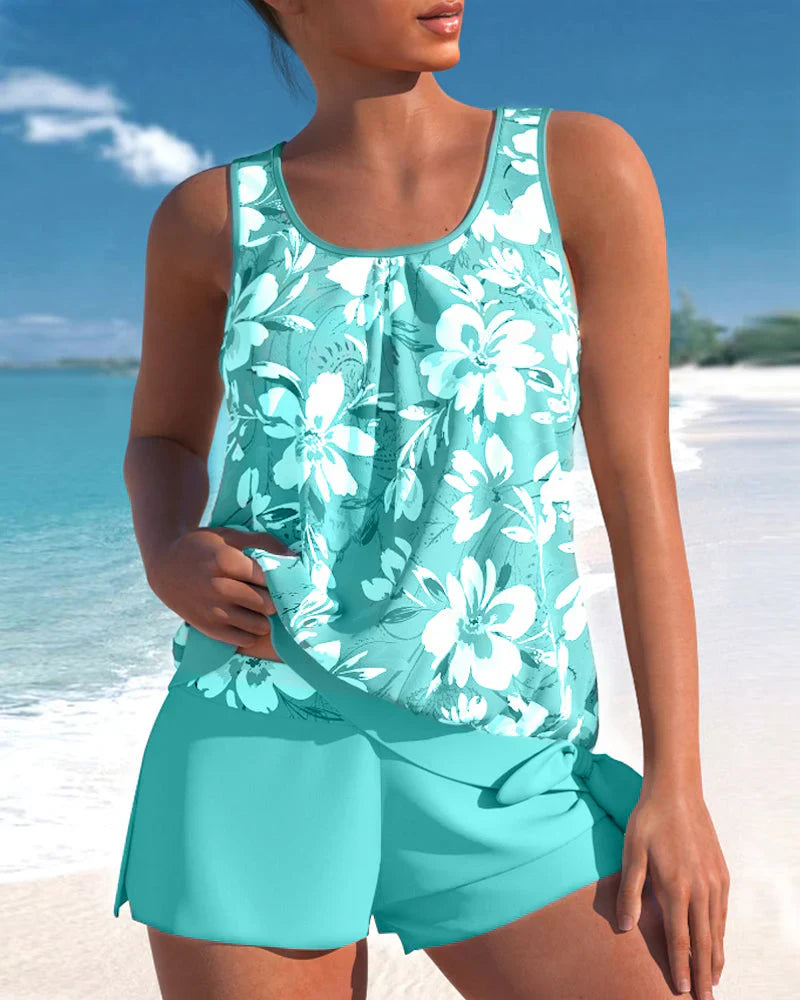 Women's Tankini Swimsuit Set Nylon Spandex Floral Swim Shorts