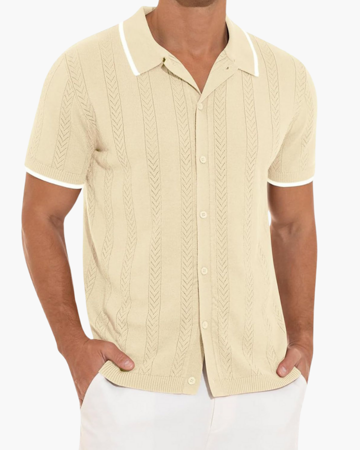 Men Knit Short Sleeve Button Up Polo Shirt