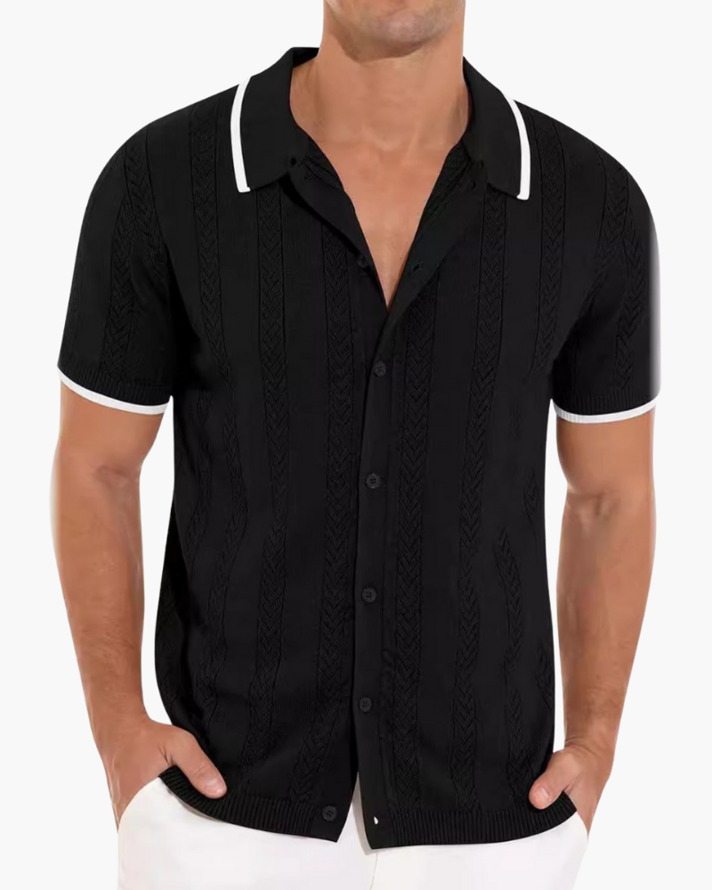 Men Knit Short Sleeve Button Up Polo Shirt