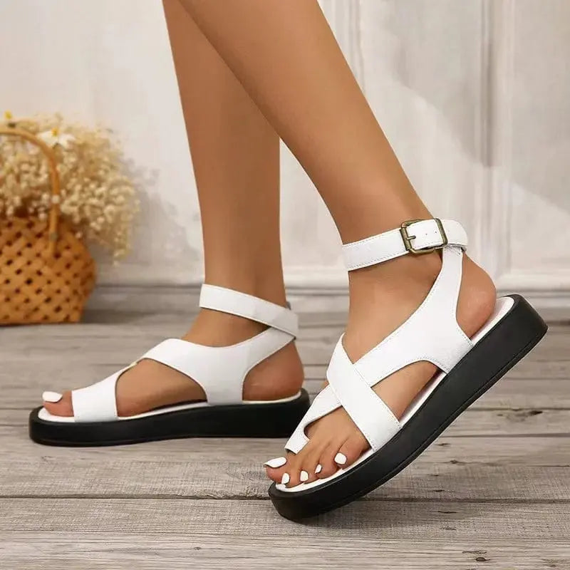 Women's Leather Platform Sandals Ankle Strap Strappy Flats