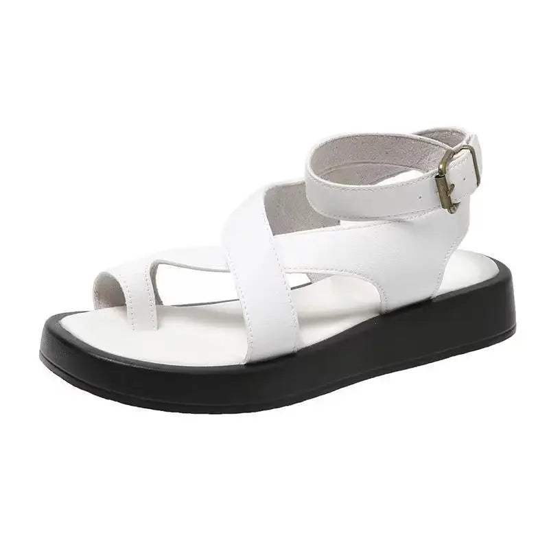 Women's Leather Platform Sandals Ankle Strap Strappy Flats