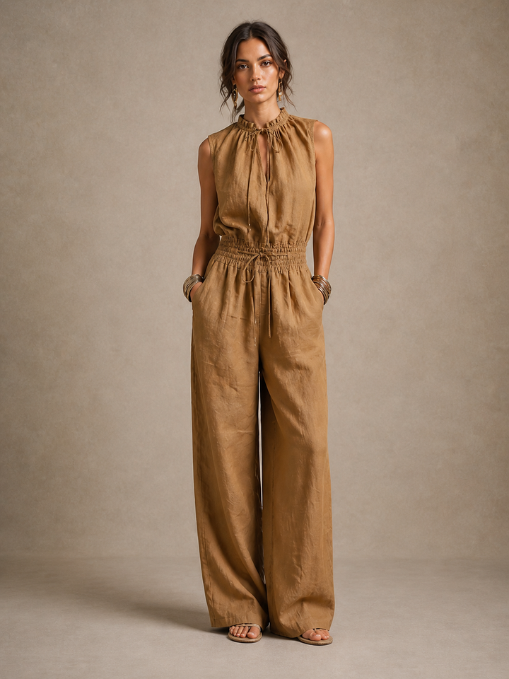Women Linen Jumpsuit Wide Leg Sleeveless Romper