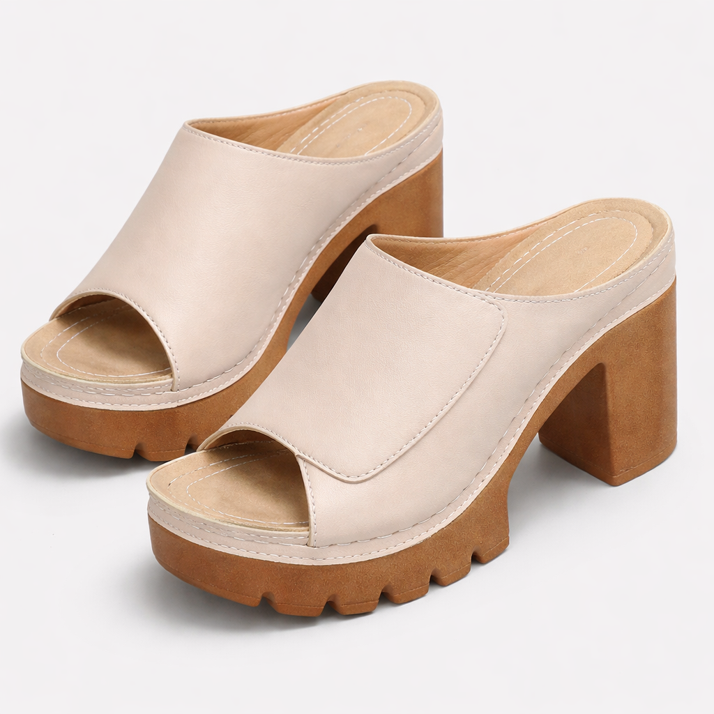 Women Leather Platform Mules Chunky High Heel Open Toe Sandals