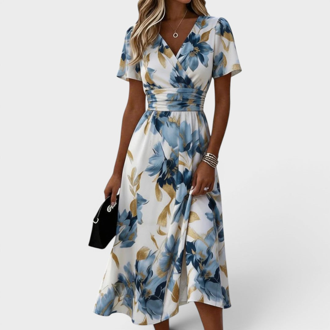 Women’s Linen Blend Floral V-Neck Short-Sleeve Wrap Maxi Dress
