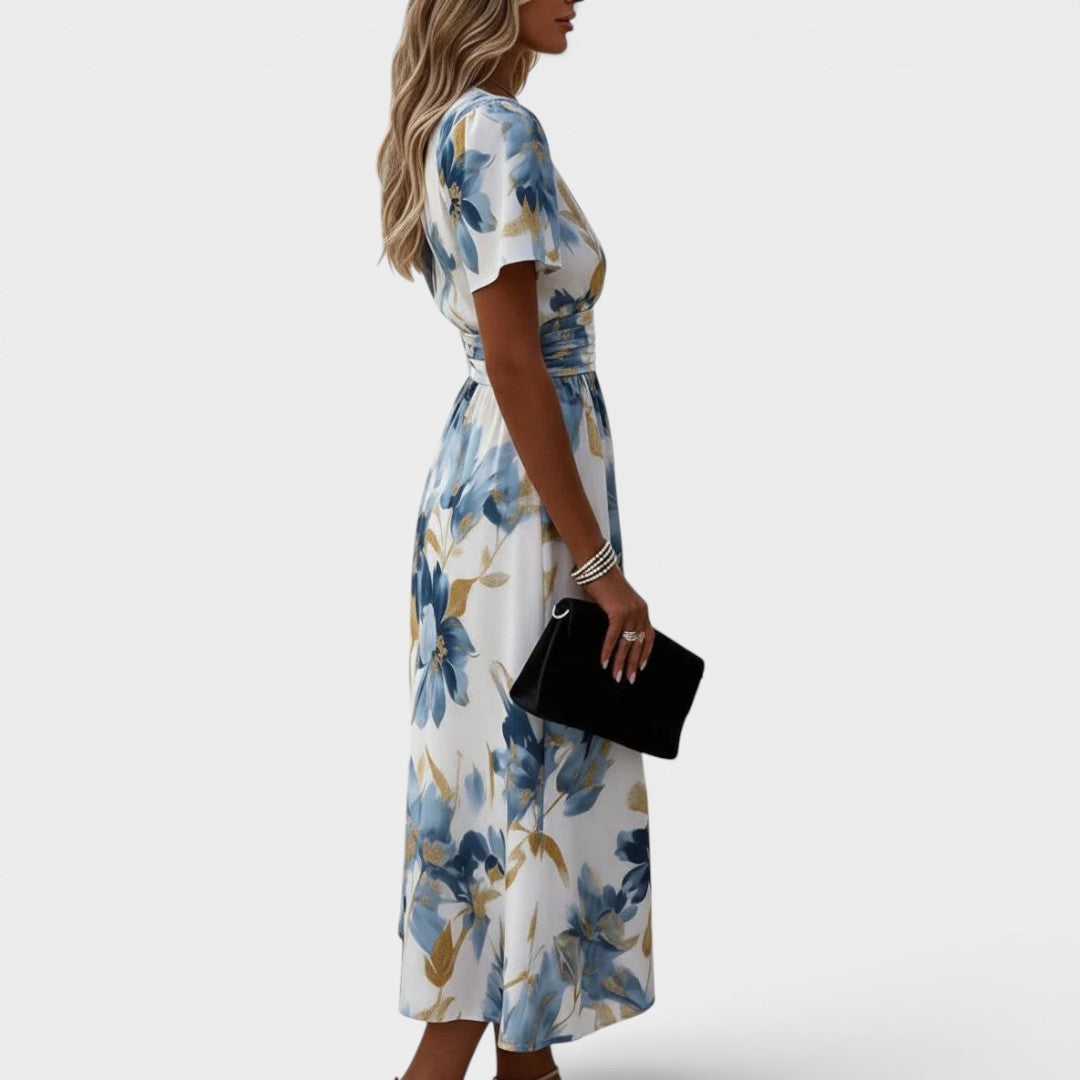Women’s Linen Blend Floral V-Neck Short-Sleeve Wrap Maxi Dress