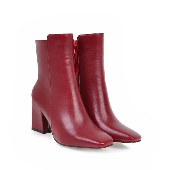 Women's Leather Block Heel Ankle Boots Side Zip Square Toe Boots
