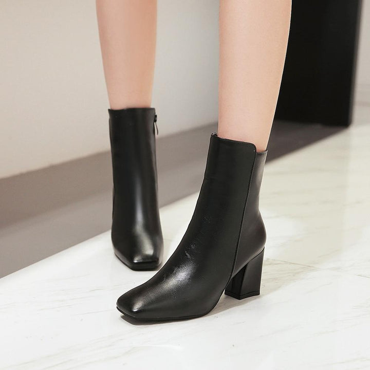 Women's Leather Block Heel Ankle Boots Side Zip Square Toe Boots