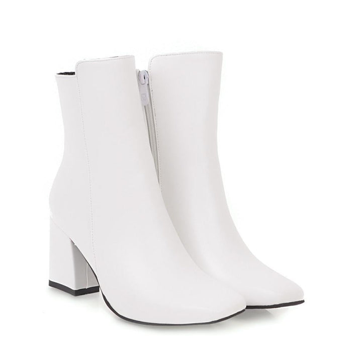 Women's Leather Block Heel Ankle Boots Side Zip Square Toe Boots