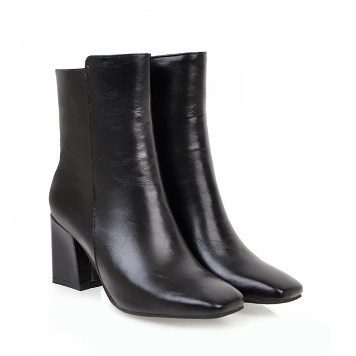 Women's Leather Block Heel Ankle Boots Side Zip Square Toe Boots