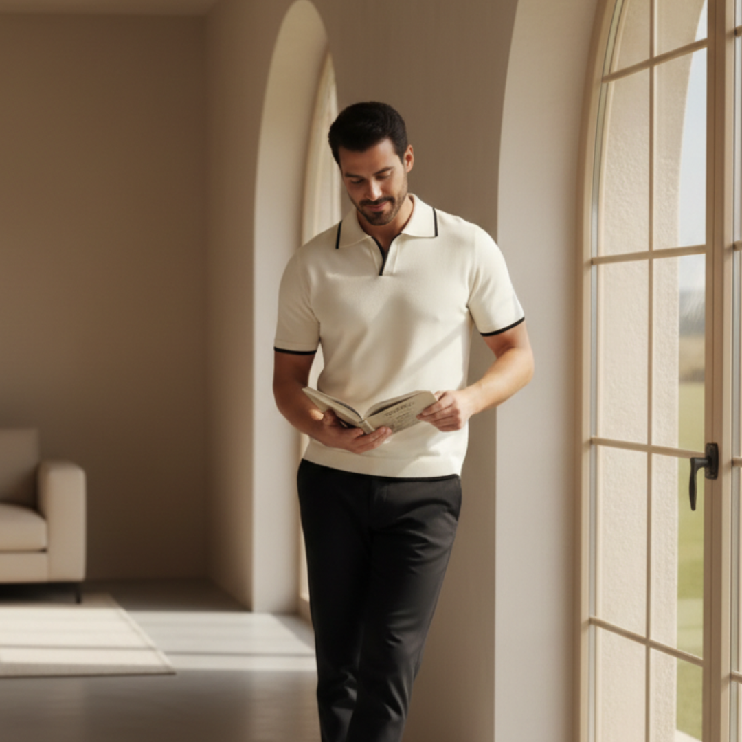 Men's Slim Fit Merino Wool Knit Open Collar Polo Shirt