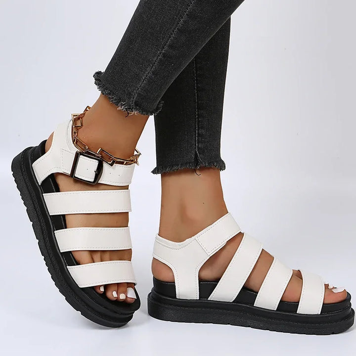 Women's Leather Wide Strap Adjustable Buckle Platform Sandals