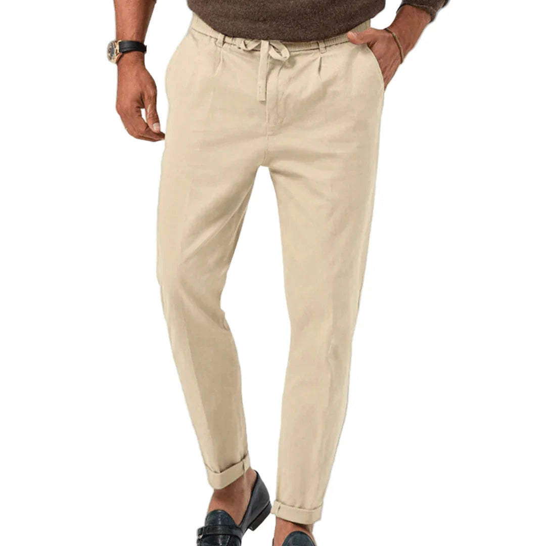 Men's Linen Blend Drawstring Chinos Tailored Tapered Trousers