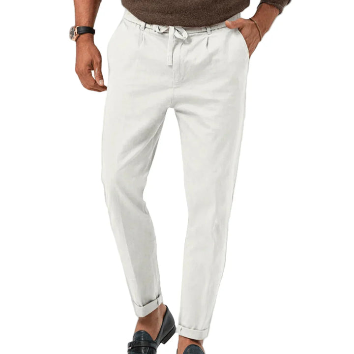 Men's Linen Blend Drawstring Chinos Tailored Tapered Trousers
