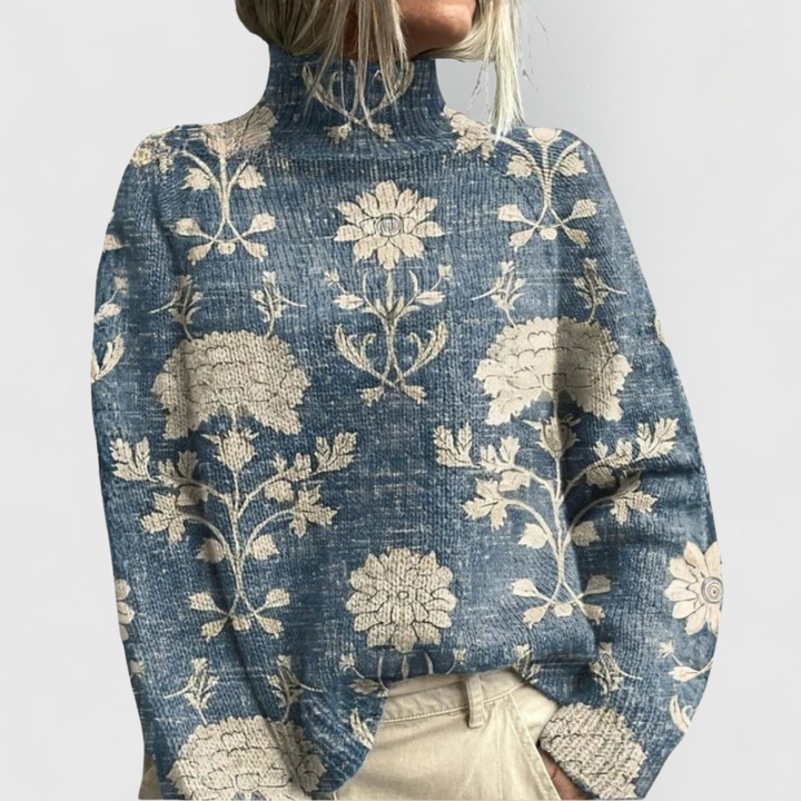 Flora | Women's Floral Jacquard Turtleneck Knit Sweater