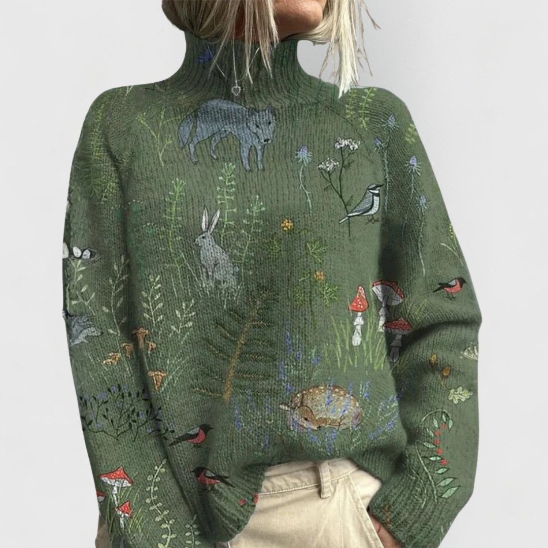Flora | Women's Floral Jacquard Turtleneck Knit Sweater