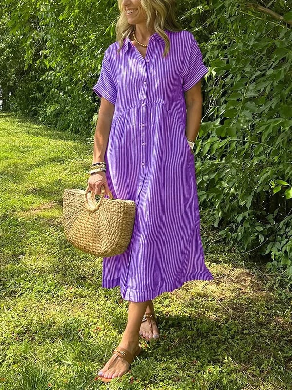Lily | Women's Coastal Striped Button Midi Shirt Dress
