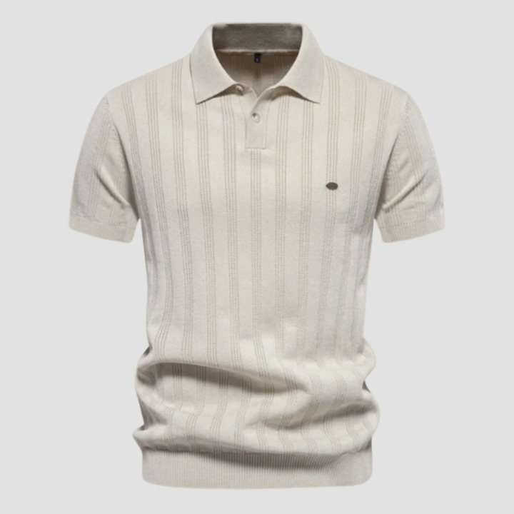 Men's Knit Polo Shirt Merino Wool Short Sleeve Vertical Ribbed Top