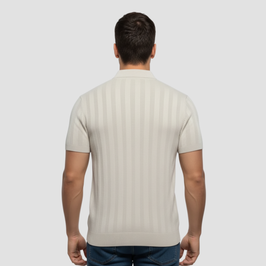 Men's Knit Polo Shirt Merino Wool Short Sleeve Vertical Ribbed Top