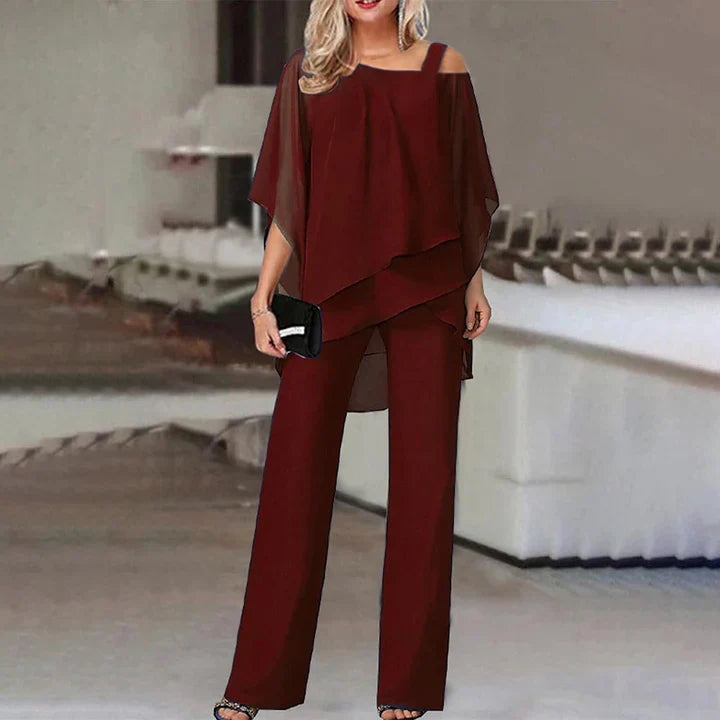 Women's Silk Off-Shoulder Top & Wide-Leg Pants Set