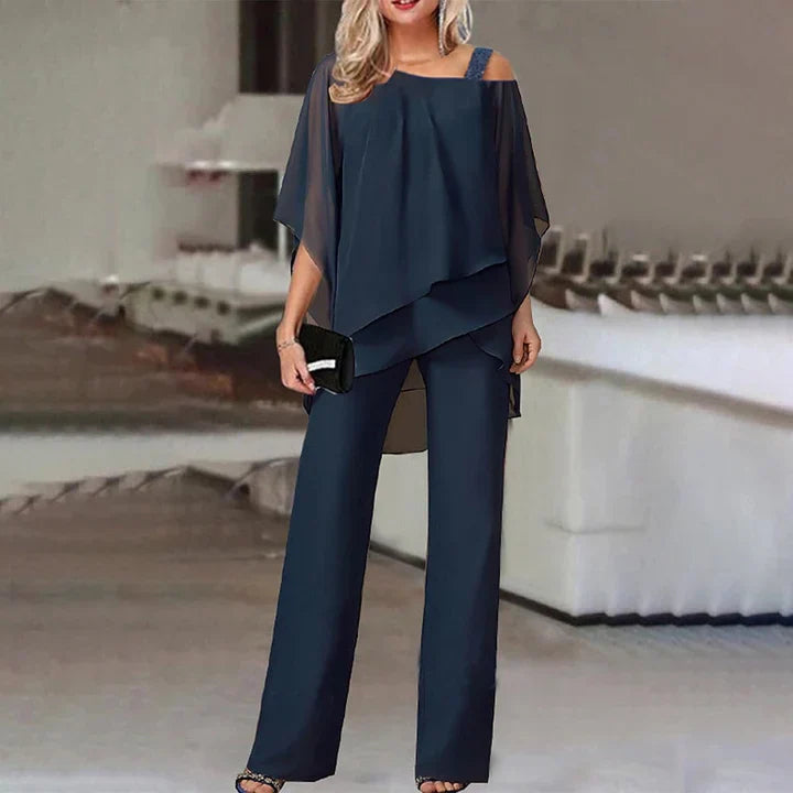 Women's Silk Off-Shoulder Top & Wide-Leg Pants Set