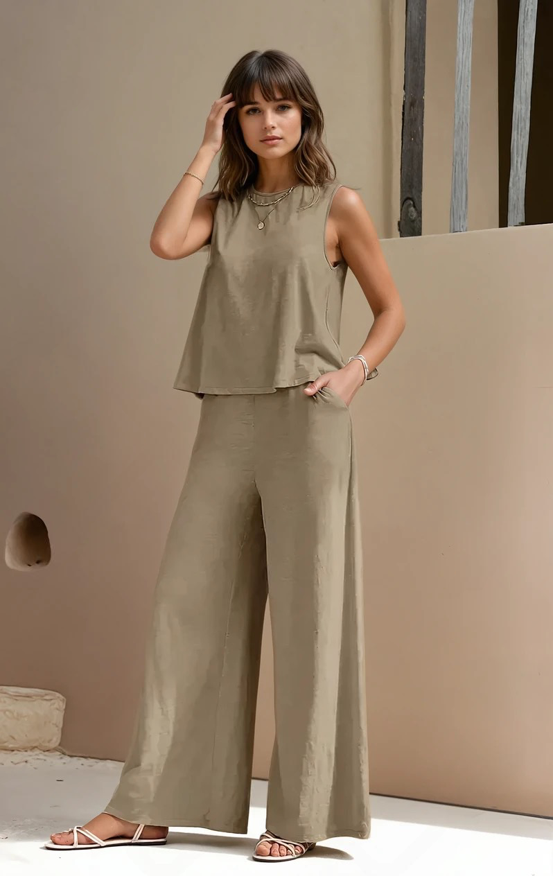 Women's Linen Sleeveless Top & Wide-Leg Pants Set