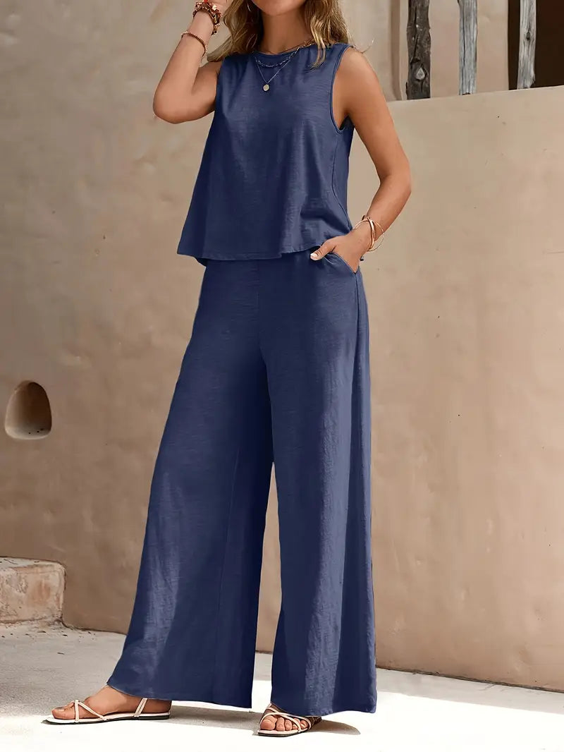 Women's Linen Sleeveless Top & Wide-Leg Pants Set