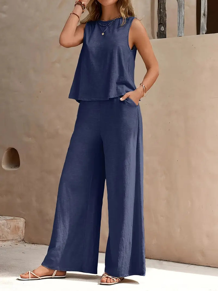 Women's Linen Sleeveless Top & Wide-Leg Pants Set