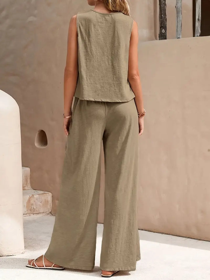Women's Linen Sleeveless Top & Wide-Leg Pants Set